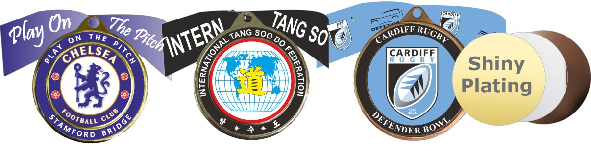 70mm Custom Printed Shiny Plated Medals With Printed Ribbons Minimum Order 250 Mixed Colours from £2.19 excVAT